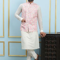 See Designs Men Mandarin Collar Regular Pure Silk Kurta With Pyjamas & Nehru Jacket-55