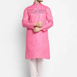 DEVOILER Men Pink & White Ethnic Motifs Yoke Design Kurta with Pyjamas-picture-11