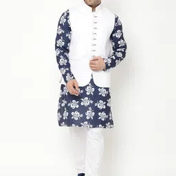 Hangup Men Navy Blue Floral Printed Kurta with Churidar & Nehru Jacket-picture-54