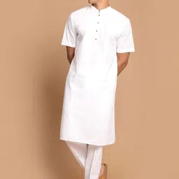 VASTRAMAY Men White Pleated Kurta with Pyjamas-image-94