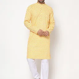 KAVYA SAREES Men Yellow Printed Linen Kurta with Pyjamas-picture-10
