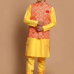 VASTRAMAY Men Yellow Ethnic Motifs Kurta with Churidar-image-49