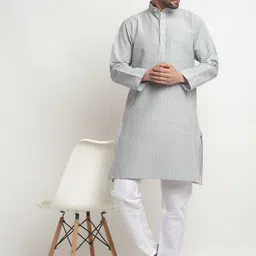 Arrabi Striped Mandarin Collar Regular Pure Cotton Kurta with Pyjamas-43