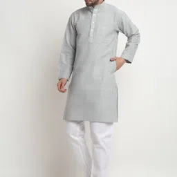 Arrabi Striped Mandarin Collar Regular Pure Cotton Kurta with Pyjamas-picture-33