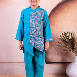 JUNITOS Boys Floral Printed Mandarin Collar Pure Cotton Straight Kurta With Trousers-image-15