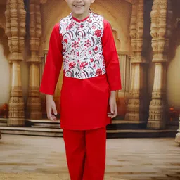 JUNITOS Boys Mandarin Collar Pure Cotton Straight Kurta With Trousers & Jacket-image-14
