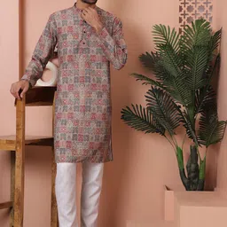 Jompers Mandarin Collar Floral Printed Regular Pure Cotton Kurta with Pyjamas-image-72
