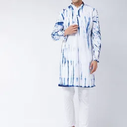 VASTRAMAY Men Blue Printed Pleated Pure Cotton Kurta with Pyjamas-image-59