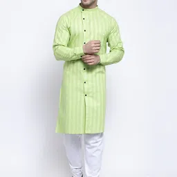 KLOTTHE Men Green Striped Pure Cotton Kurta with Pyjamas-35