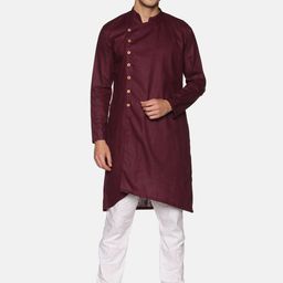 Sethukrishna Men Maroon & White Angrakha Pure Cotton Kurta with Pyjamas-8