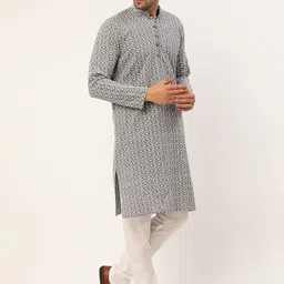 Jompers Men Grey Ethnic Motifs Embroidered Pure Cotton Kurta with Pyjamas-image-3