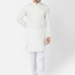 DEYANN Men White Floral Printed Pure Cotton Kurta with Pyjamas-image-7