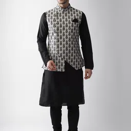 KISAH Men Grey & Black Ethnic Motifs Printed Kurta with Pyjamas & Jacket Set-25
