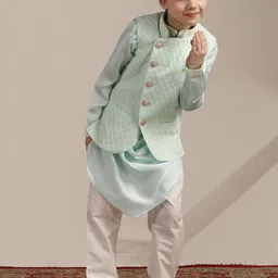 Manyavar Boys Mandarin Collar Regular High-Low Straight Kurta with Pyjamas & Nehru jacket-16