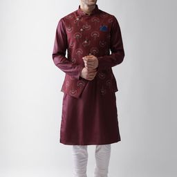 KISAH Men Maroon Embroidered Regular Kurta with Pyjamas & Jacket-picture-57