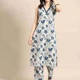 UNISETS Floral Printed V-Neck Sleeveless Straight Kurta With Pyjamas-26