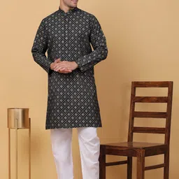 KRAFT INDIA Ethnic Motifs Printed Mandarin Collar Straight Kurta with Pyjamas-image-99