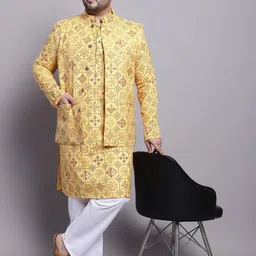 SOJANYA PLUS Floral Printed Regular Cotton Linen Kurta With Pyjamas & Nehru Jacket-13