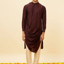 Manyavar Band Collar Pleated Regular Kurta With Pyjamas-image-54