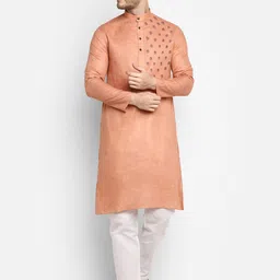 DEVOILER Men Nude-Coloured & White Ethnic Motifs Yoke Design Kurta with Pyjamas-picture-27