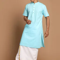 VASTRAMAY Men Blue Kurta with Mundu Set-image-97