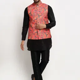 Benstoke Men Black Printed Layered Dupion Silk Kurti Pyjama and nehru jacket-picture-23