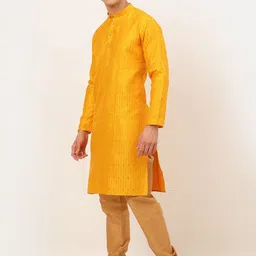 Jompers Men Mustard Yellow Embroidered Kurta With Pyjamas Sets-27