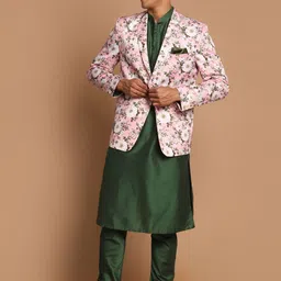 VASTRAMAY Men Green Kurta With Pyjamas & With Floral Printed Blazer-picture-37