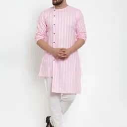 KLOTTHE Men Pink Striped Angrakha Pure Cotton Kurta with Pyjamas-image-92