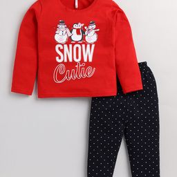Toonyport Girls Red & Black Printed Pure Cotton T-shirt with Trousers-image-6