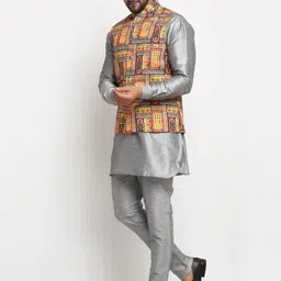 Benstoke Men Grey Dupion Silk Kurta with Pyjamas & Nehru Jacket image 3