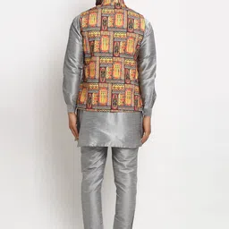 Benstoke Men Grey Dupion Silk Kurta with Pyjamas & Nehru Jacket image 2