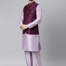 Hangup Men Purple & Lavender Regular Dupion Silk Kurta With Pyjamas & Nehru Jacket image 2