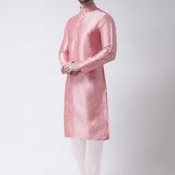 SG LEMAN Men Peach-Coloured Raw Silk Kurta with Pyjamas image 3