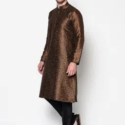 DEYANN Men Brown Angrakha Dupion Silk Kurta with Pyjamas image 4
