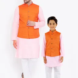 VASTRAMAY Boys Pink & Orange Solid Kurta with Churidar & Nehru Jacket-picture-18