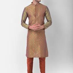 DEYANN Men Green & Rust Ethnic Motifs Screen Printed Dupion Silk Kurta with Churidar-picture-6