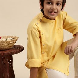 Sanwara Boys Yellow & Off White Cotton Silk Angrakha Kurta with Pyjamas-picture-42
