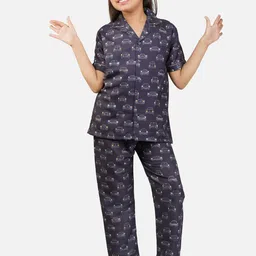 Sand Dune Girls Conversational Printed Lapel Collar Night Suit-image-52
