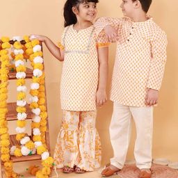 LIL DRAMA Girls Floral Printed Mirror Work Pure Cotton Kurta with Sharara-picture-12