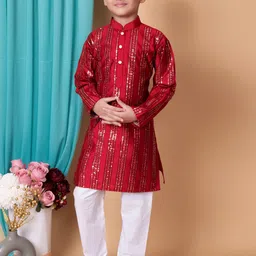 BAESD Boys Embroidered Mandarin Collar Sequinned Dupion Silk Straight Kurta & Pyjamas-41