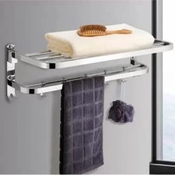 Premium LookHigh Grade Dual Folding Towel Holder Stainless Steel Wall Shelf-image-55
