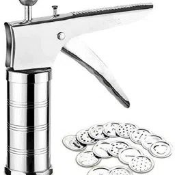 Stainless Steel Kitchen Press for Noodles and Snacks Sev Grater Cookies Maker with 15 Interchangeable Blades (Silver) Vegetable & Fruit Slicer-27