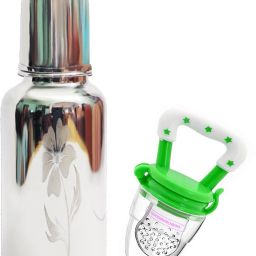 Stainless Steel Feeding Bottle 220 ml -304 Grade Steel Join Less with Silicon Fruit Nibbler/Feeder Green BPA Free for Infants 1 Bottle + 1 Fruit Feeder - 220-11