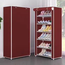 6 Shelves 1 door collapsible wardrobe for shoes and cloth. Maroon color PVC Collapsible Wardrobe-image-19
