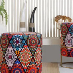 Shadowkart Red & Blue Floral Printed wooden Pouffes Sitting Mudda Puffies  Ottomans-1