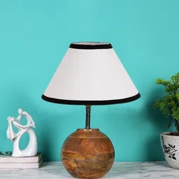Devansh White & Brown Wooden Table Lamp With Cotton Shade-1