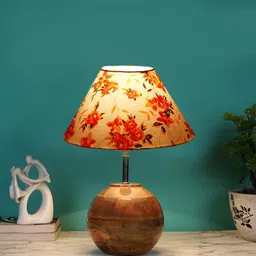 Devansh White & Orange-Coloured Printed Wooden Table Lamp With Cotton Shade-12