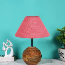 Devansh Pink & Brown Textured Wooden Table Lamp With Cotton Shade-82