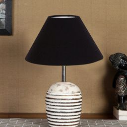 Devansh Black & Brown Textured Wooden Table Lamp With Cotton Shade-1